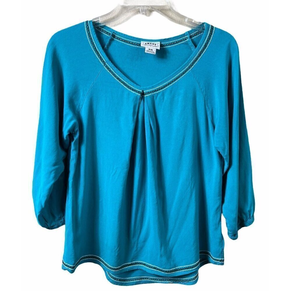 Ariat Women's Shirt Western Tunic Peasant Top Embroidery Size M V Neck Rayon